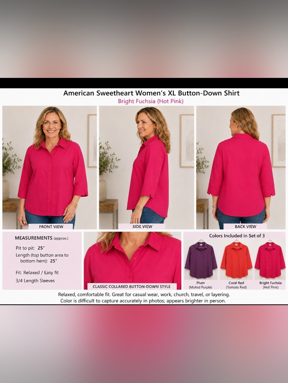 American Sweetheart XL Shirt Lot 3 Button Downs Fuchsia Coral Purple Retro